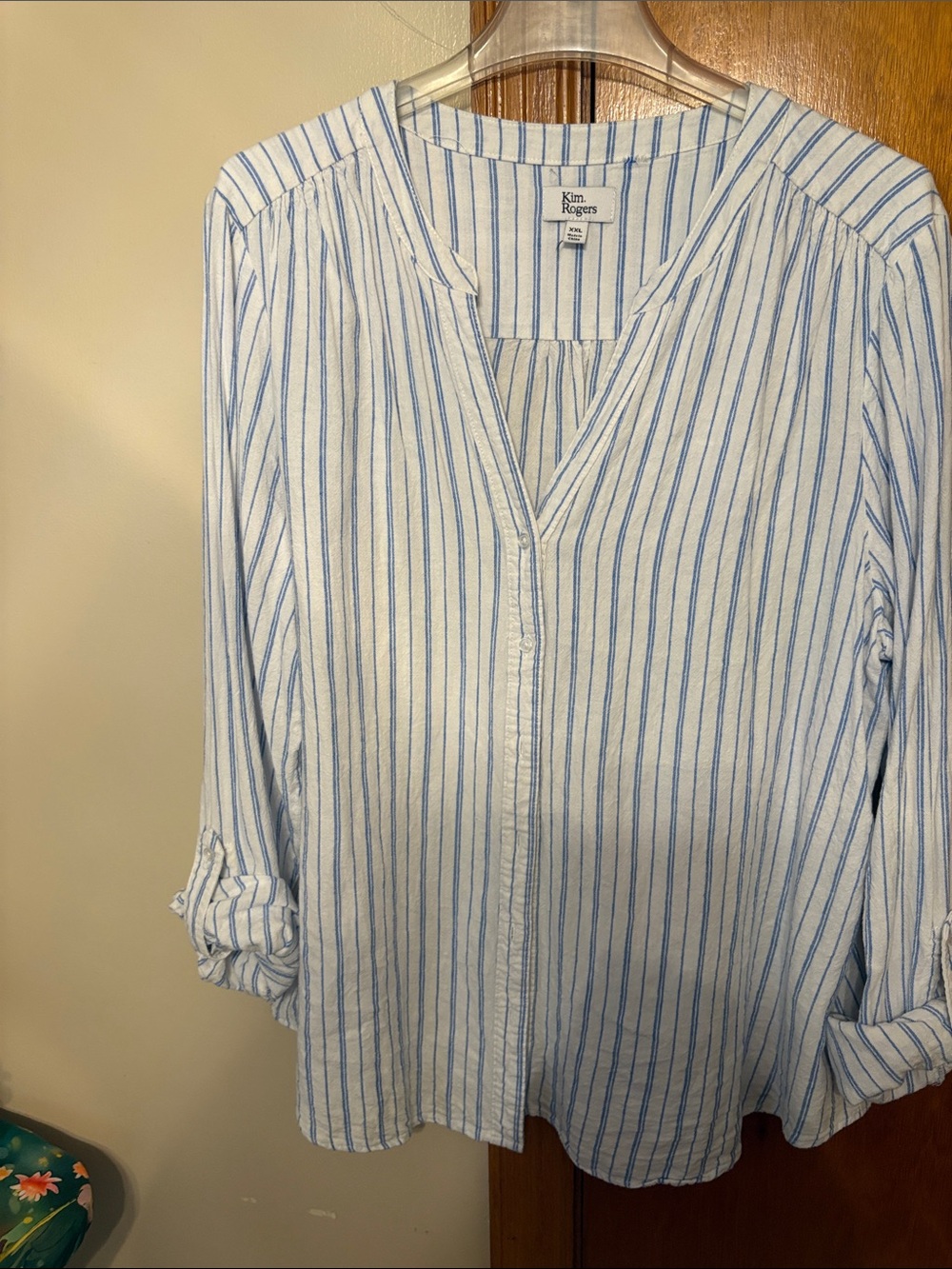 Kim Rogers White and Blue Striped V-Neck Button-Front Blouse